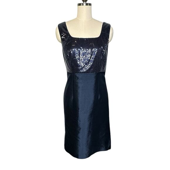 Talbots Navy Blue Silk Organza Sequin Sleeveless Cocktail Sheath Dress | 14 - Picture 1 of 8